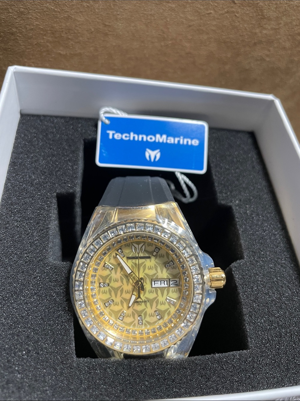 Gold-Tone TechnoMarine TeCrystal Bezel Watch with Black Silicone Strapu